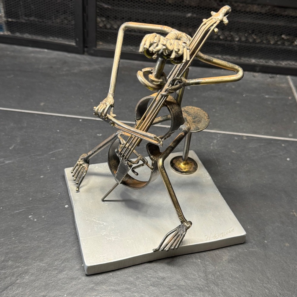 H. Davis Signed Brutalist Metal Cello Player Sculpture Scrap Art Musician 8.5"